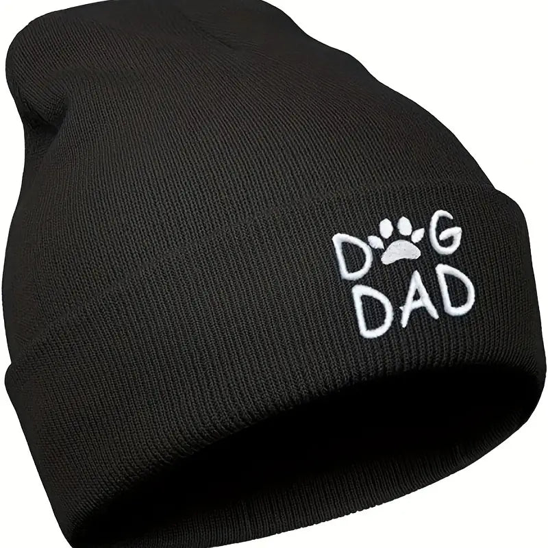 Warm and Cozy Dog Dad Knit Hat with Embroidery and Rolled Edge - Perfect for Cold Weather