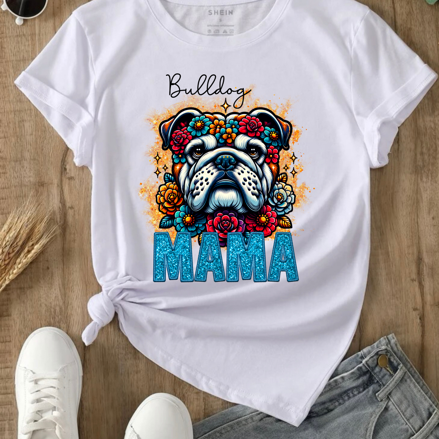 BULLDOG  MAMA DESIGN! YOU CHOOSE COLOR AND STYLE! TEE OR CREWNECK! BLEACHED OR NON-BLEACHED