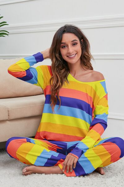 Striped Round Neck Long Sleeve Top and Drawstring Pants Lounge Set